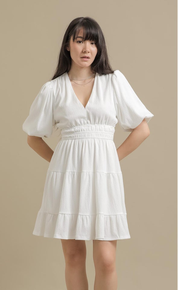 Crinkle Knit Puff Slv Tier Dress White