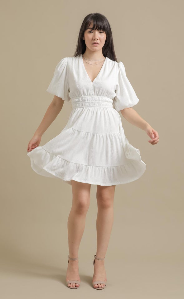 Crinkle Knit Puff Slv Tier Dress White