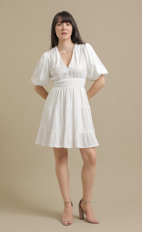 Crinkle Knit Puff Slv Tier Dress White