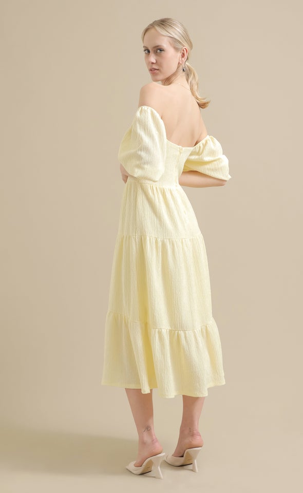 Crinkle Knit Tier Midi Dress Yellow