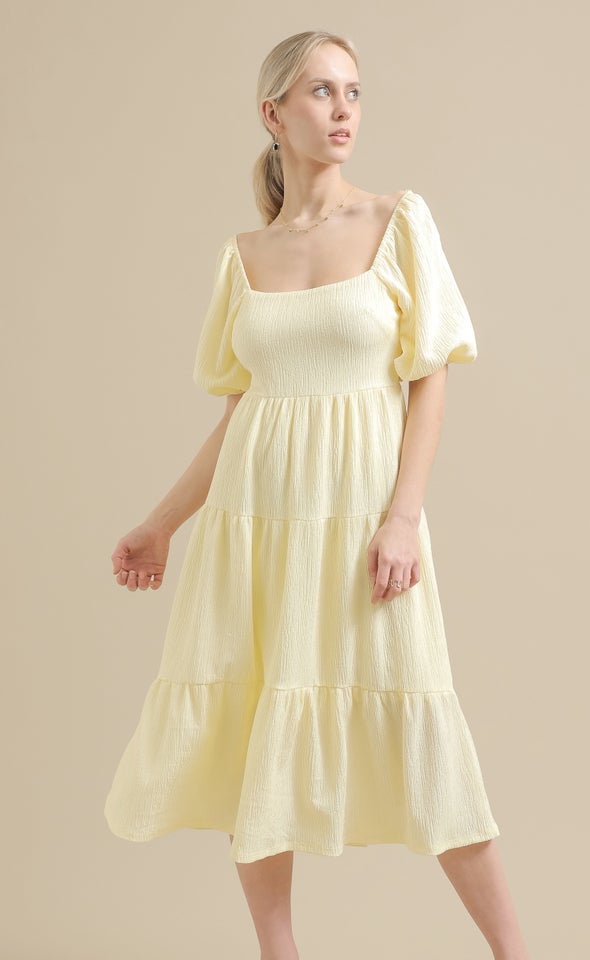 Crinkle Knit Tier Midi Dress Yellow