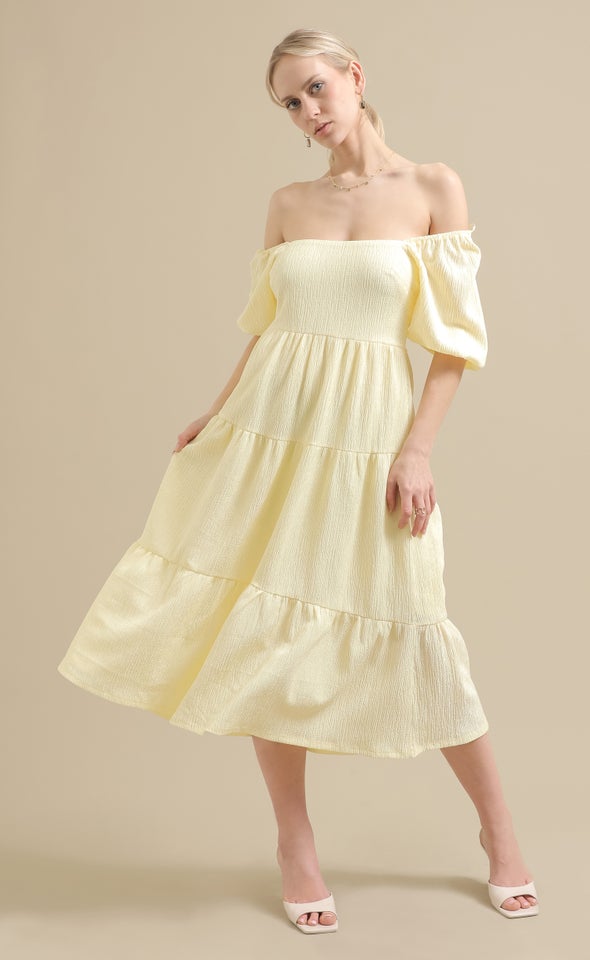 Crinkle Knit Tier Midi Dress Yellow