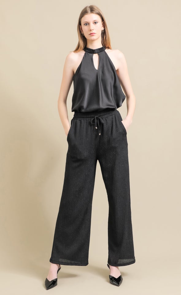 Crinkle Knit Wide Leg Pants Black