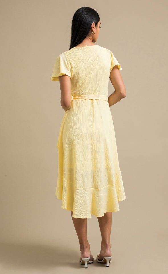 Crinkle Knit Wrap Midi Dress Yellow