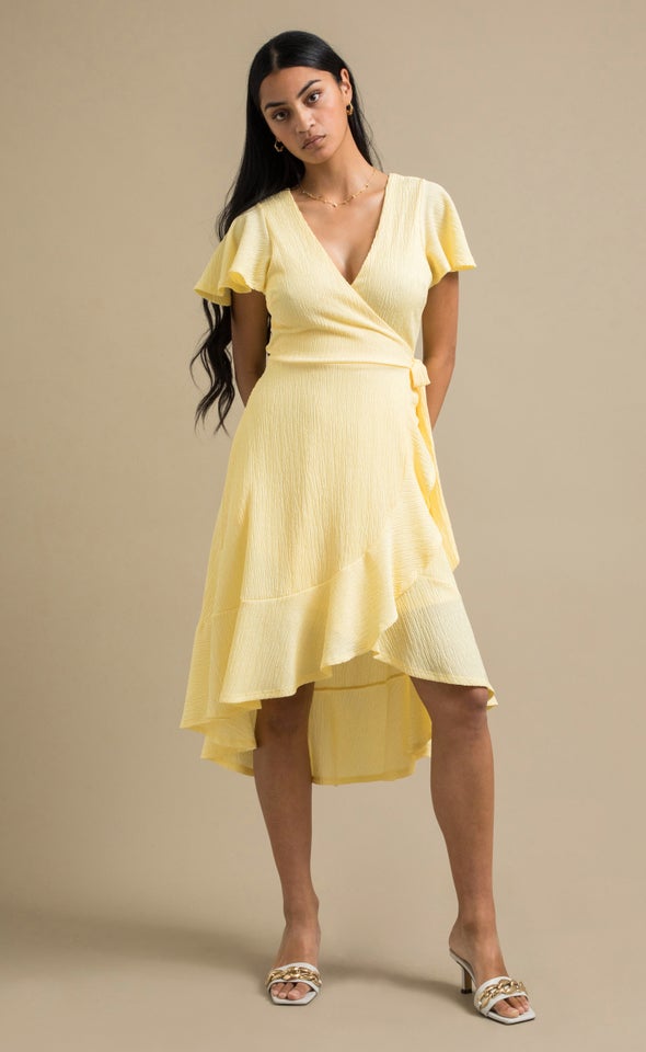 Crinkle Knit Wrap Midi Dress Yellow