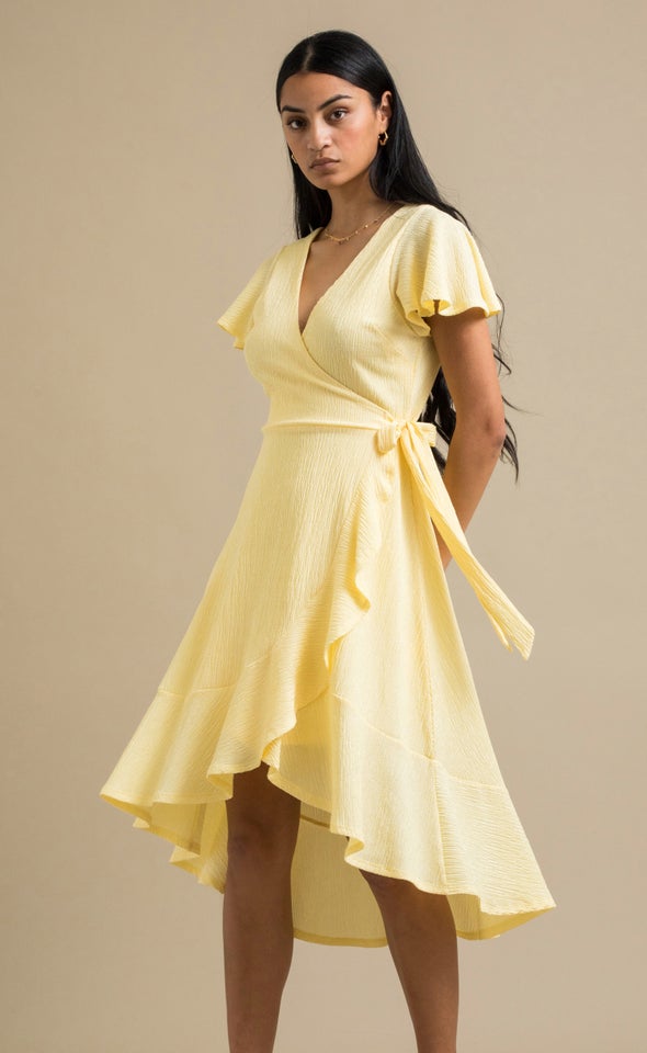 Crinkle Knit Wrap Midi Dress Yellow