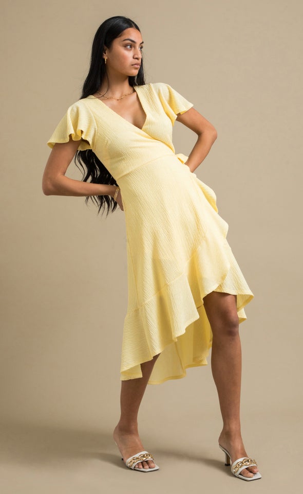 Crinkle Knit Wrap Midi Dress Yellow