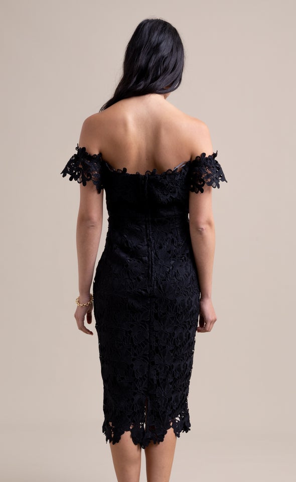Crochet Lace Off Shoulder Pencil Dress Black