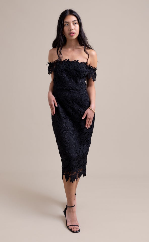 Crochet Lace Off Shoulder Pencil Dress Black