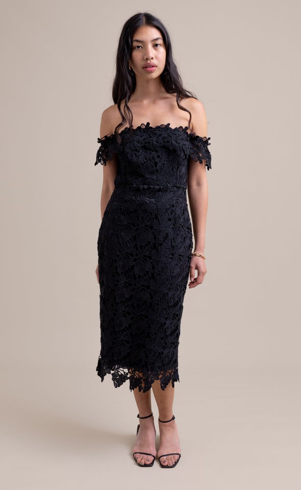 Crochet Lace Off Shoulder Pencil Dress Black