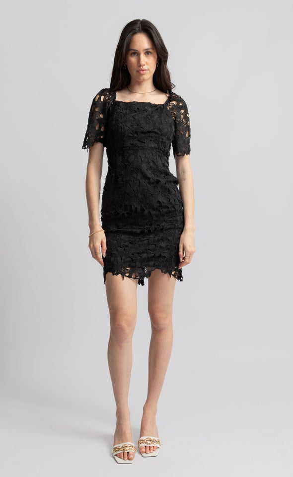 Crochet Lace Square Neck Dress Black