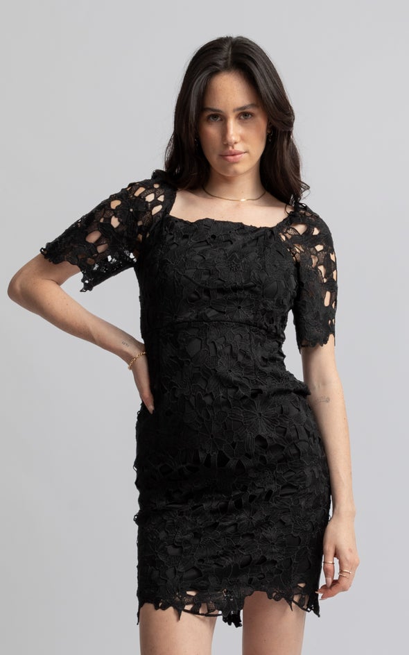 Crochet Lace Square Neck Dress Black