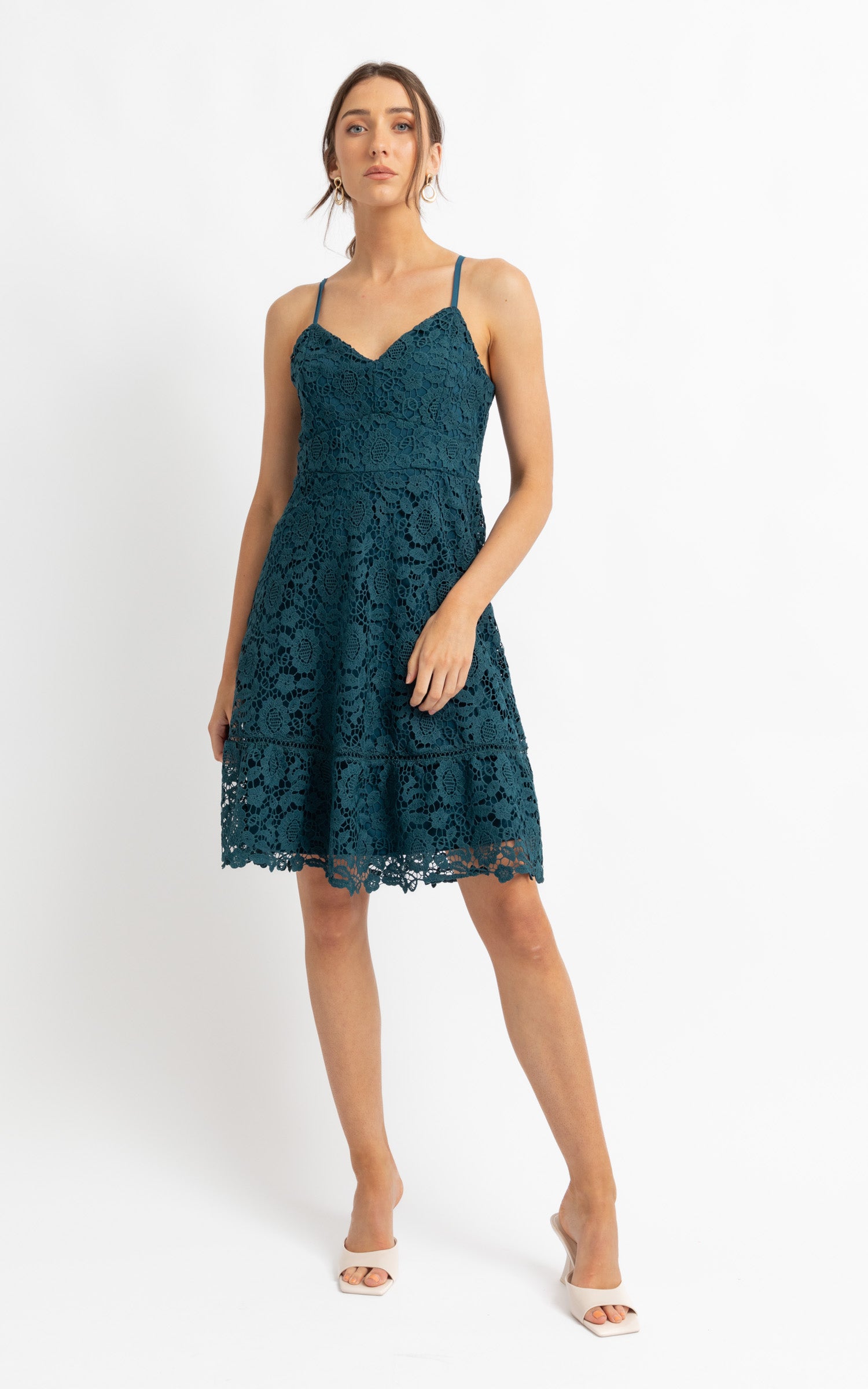 crochet trim fit and flare dress