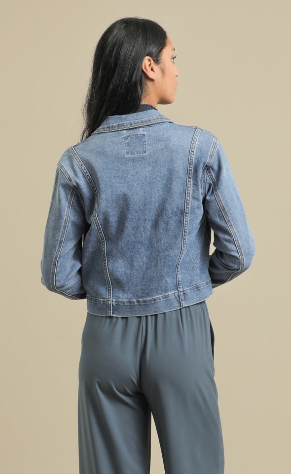 Cropped Length Denim Jacket Mid Blue