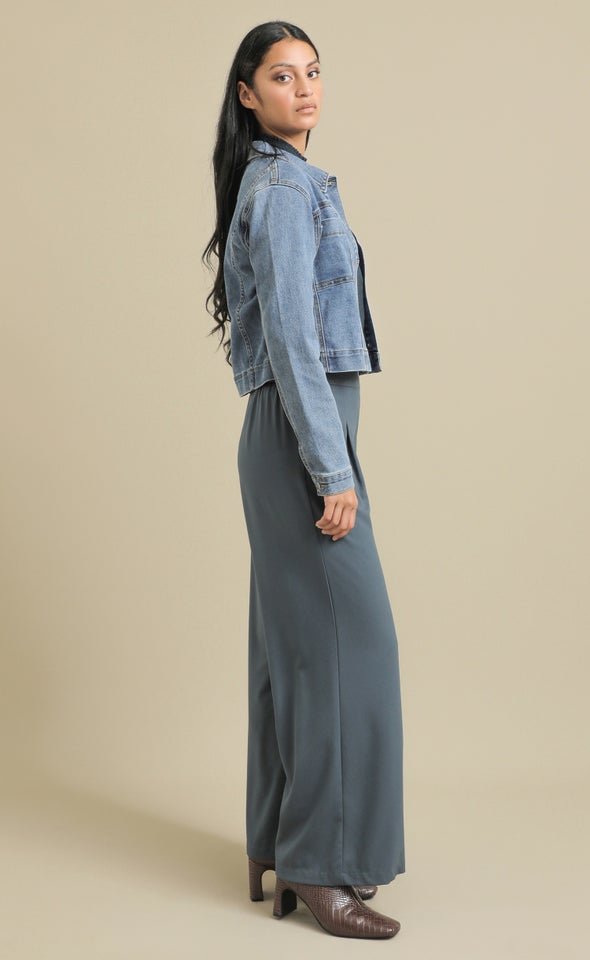 Cropped Length Denim Jacket Mid Blue