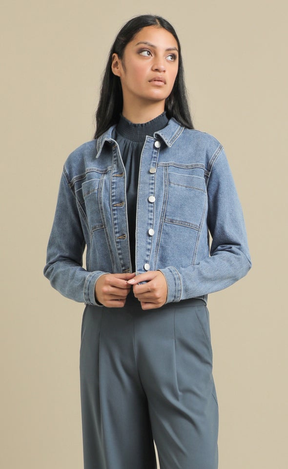 Cropped Length Denim Jacket Mid Blue