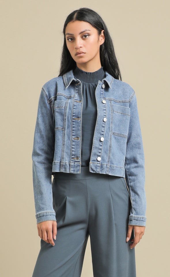 Cropped Length Denim Jacket Mid Blue