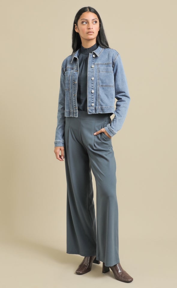 Cropped Length Denim Jacket Mid Blue