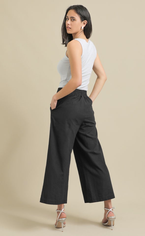 Cropped Linen Look Pants Black