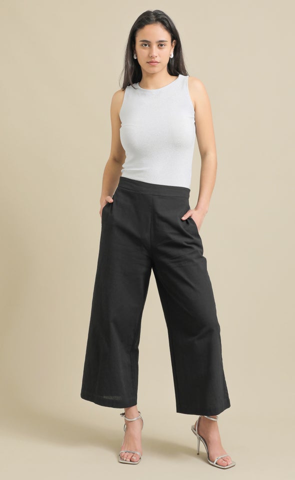 Cropped Linen Look Pants Black
