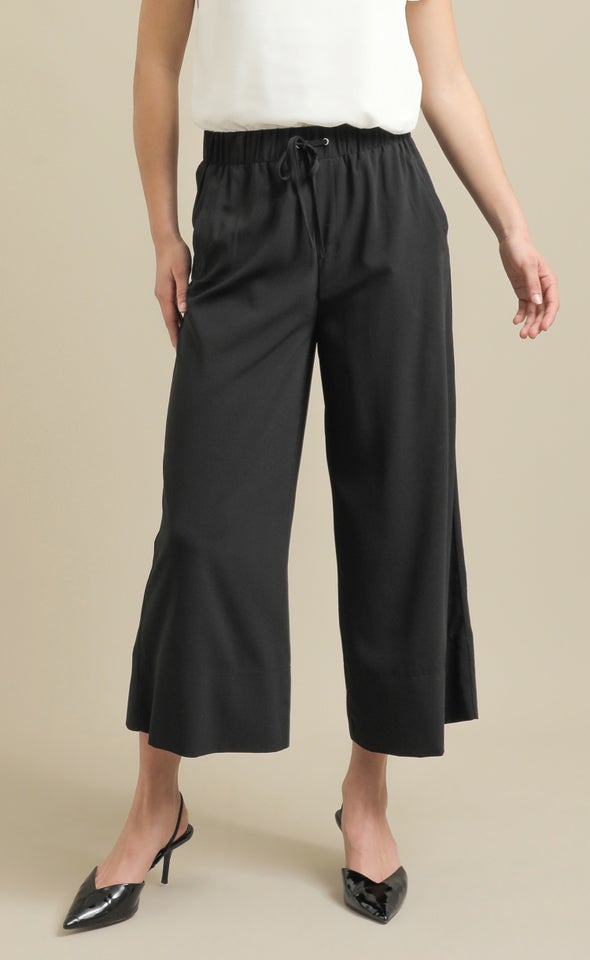 Cropped Wide Leg Drawcord Pants Black