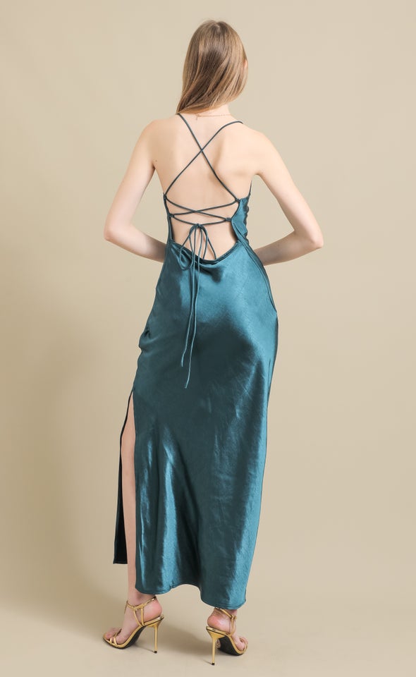 Crushed Satin Low Cross Back Gown Emerald