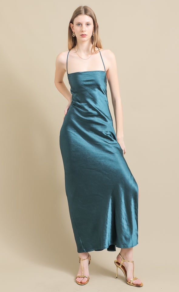 Crushed Satin Low Cross Back Gown Emerald