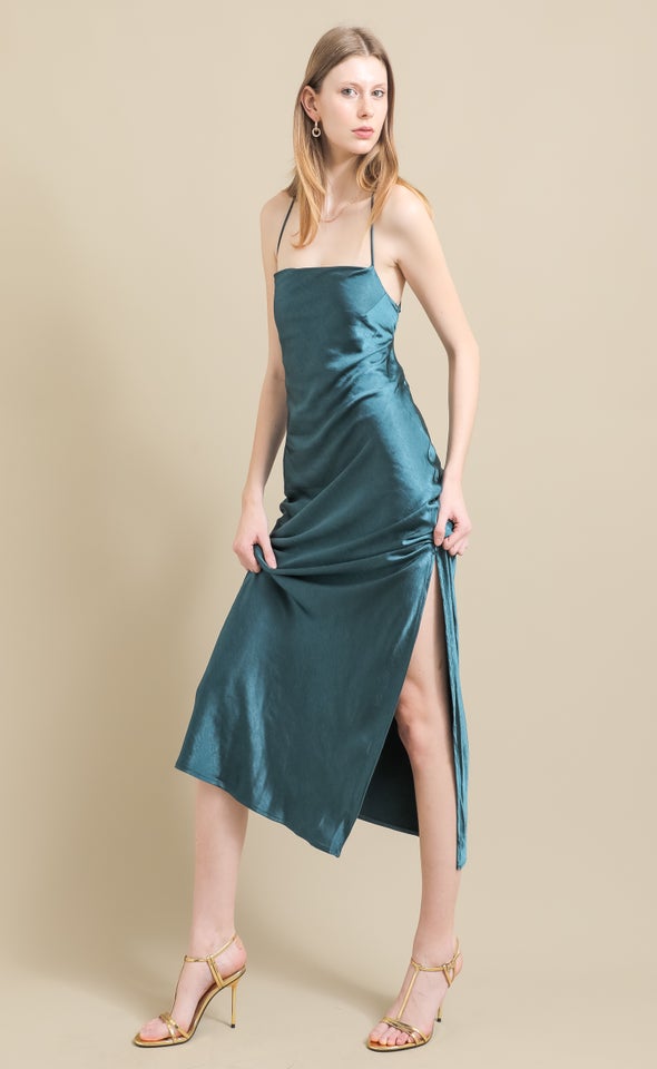 Crushed Satin Low Cross Back Gown Emerald
