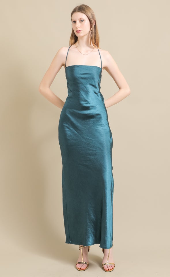 Crushed Satin Low Cross Back Gown Emerald