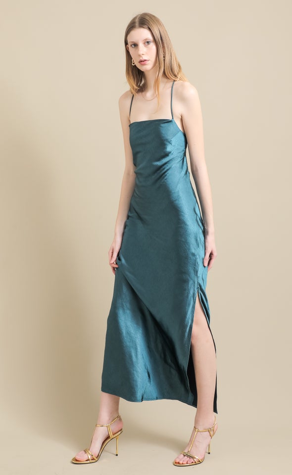 Crushed Satin Low Cross Back Gown Emerald