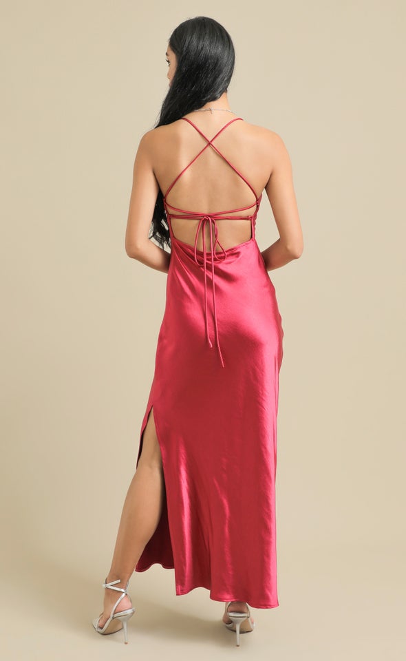 Crushed Satin Low Cross Back Gown Magenta