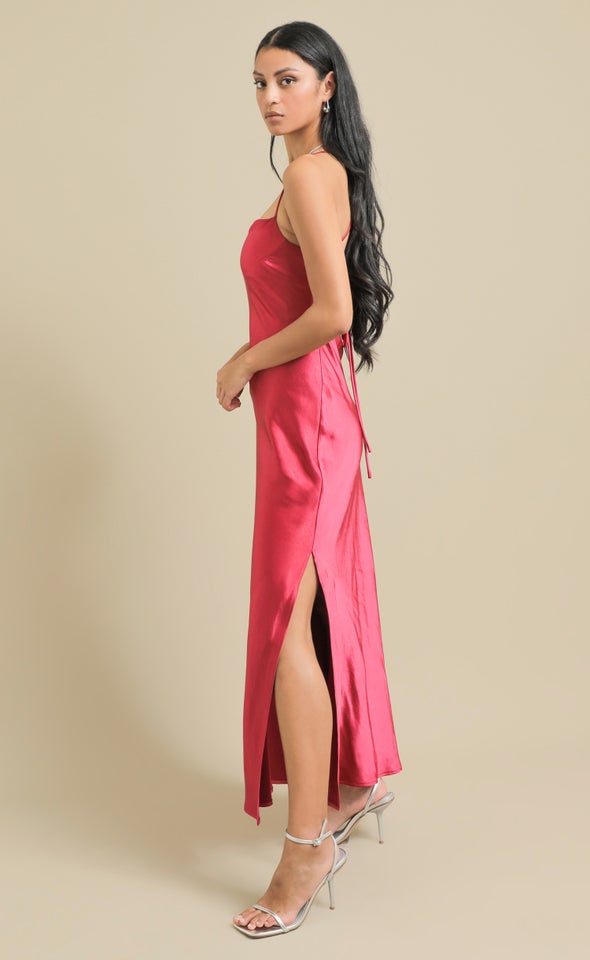 Crushed Satin Low Cross Back Gown Magenta