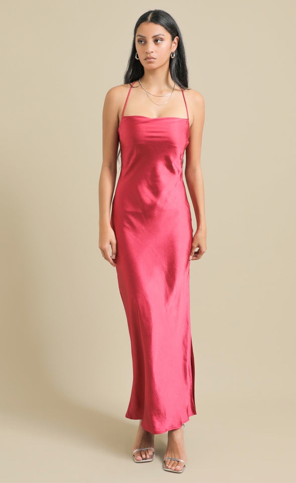 Crushed Satin Low Cross Back Gown Magenta
