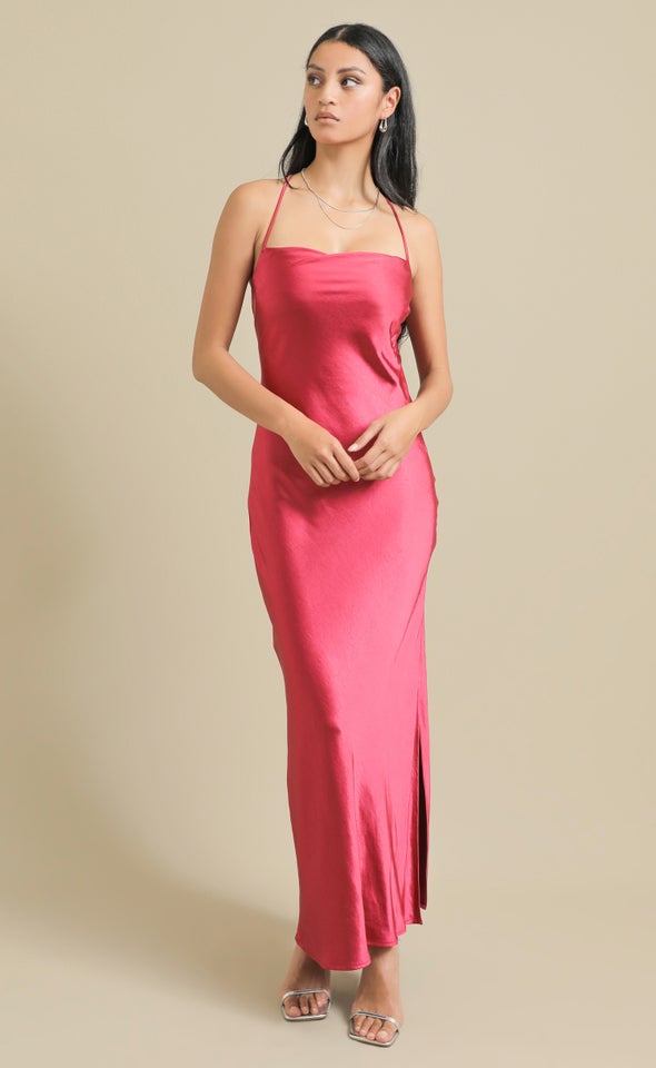 Crushed Satin Low Cross Back Gown Magenta