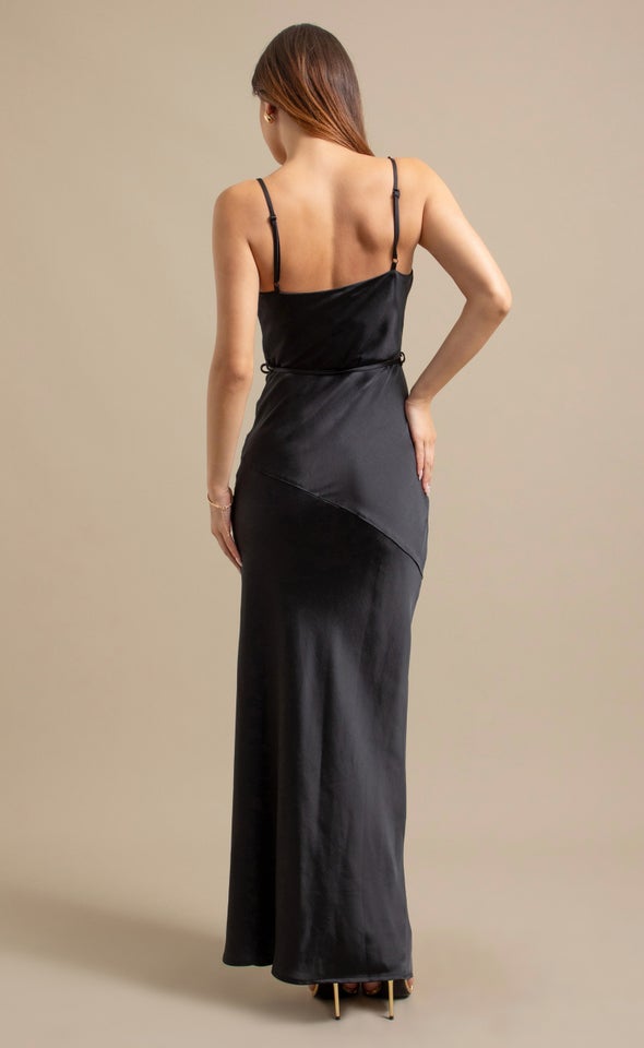 Crushed Satin Split Hem Gown Black