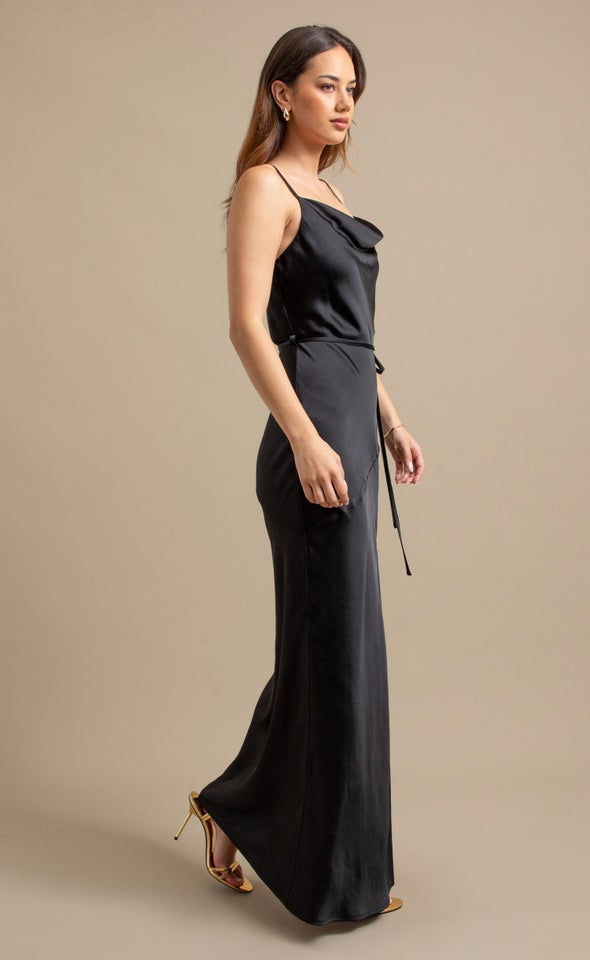 Crushed Satin Split Hem Gown Black