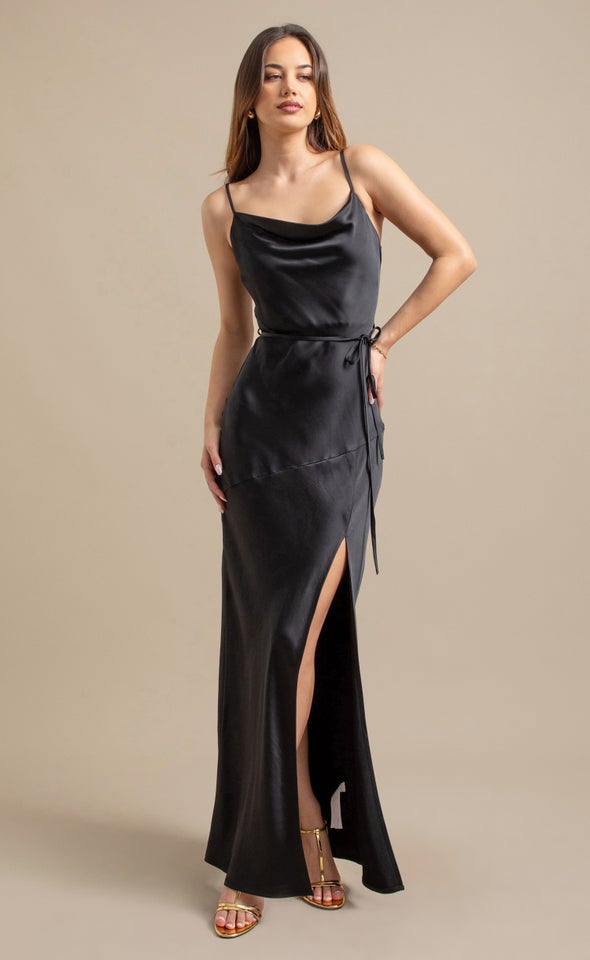 Crushed Satin Split Hem Gown Black