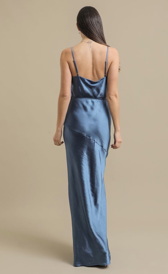 Crushed Satin Split Hem Gown Midnight Blue