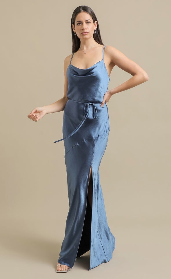 Crushed Satin Split Hem Gown Midnight Blue