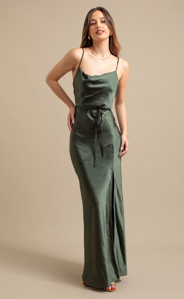 Crushed Satin Split Hem Gown Olive
