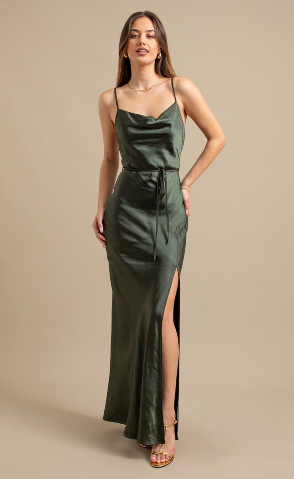Crushed Satin Split Hem Gown Olive