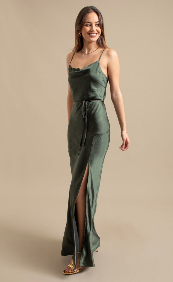 Crushed Satin Split Hem Gown Olive