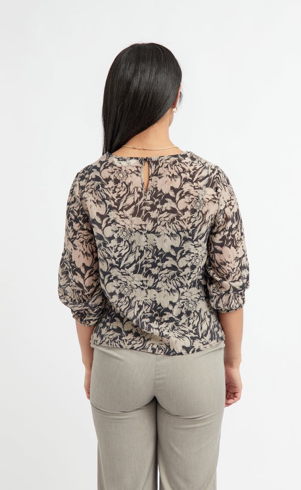 Crushed Voile Balloon Sleeve Top Black/beige