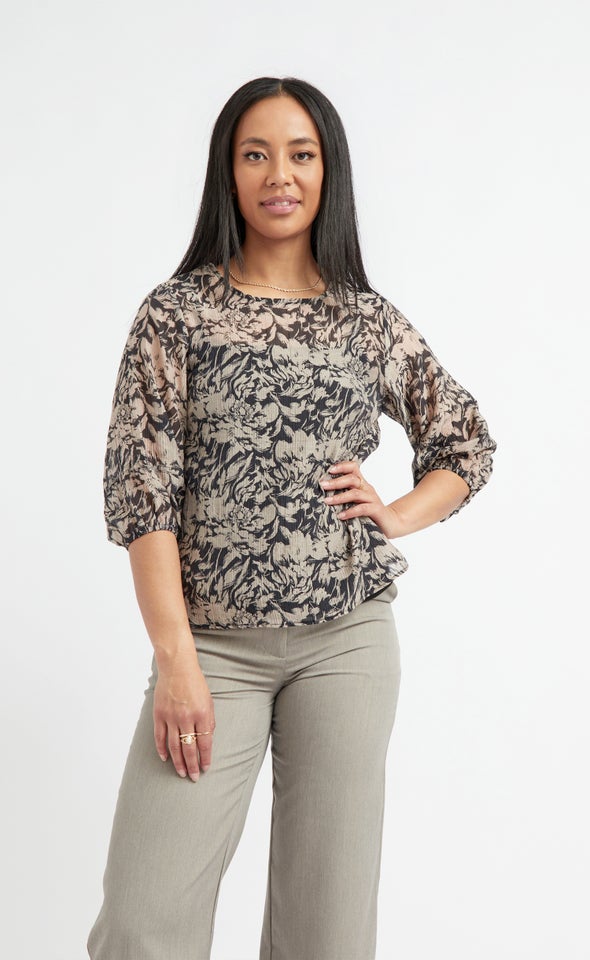 Crushed Voile Balloon Sleeve Top Black/beige