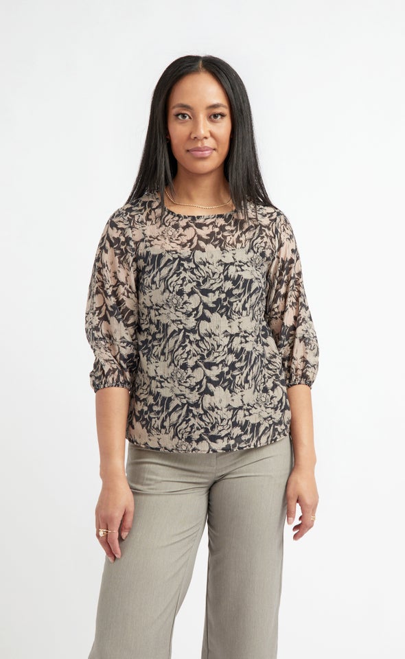 Crushed Voile Balloon Sleeve Top Black/beige