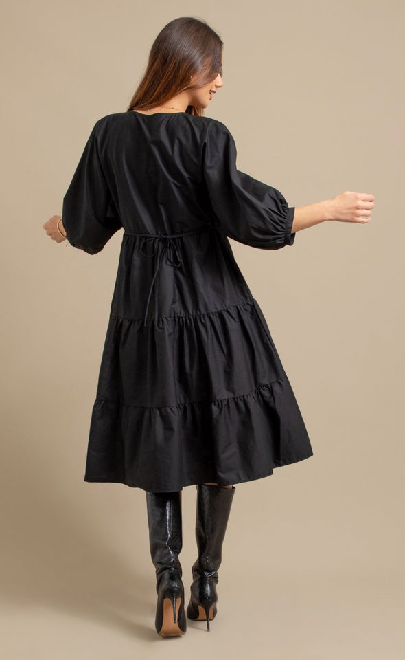 Cttn Poplin Crossover Midi Dress Black