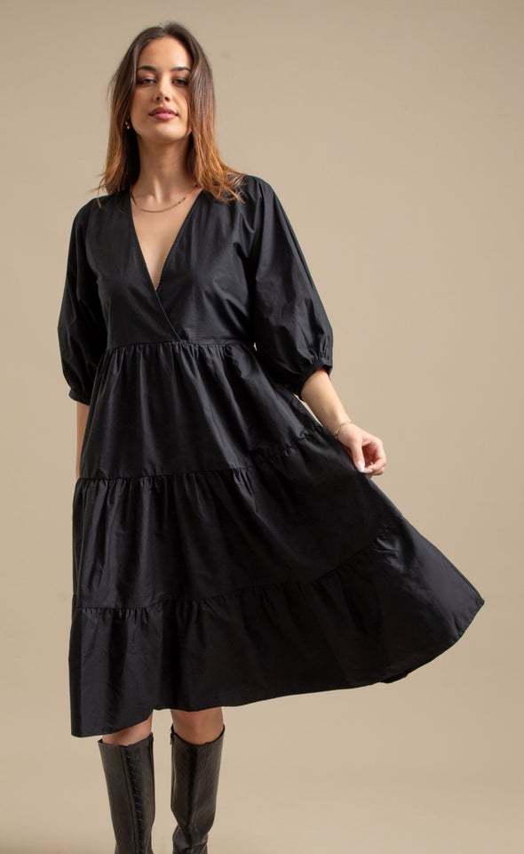 Cttn Poplin Crossover Midi Dress Black