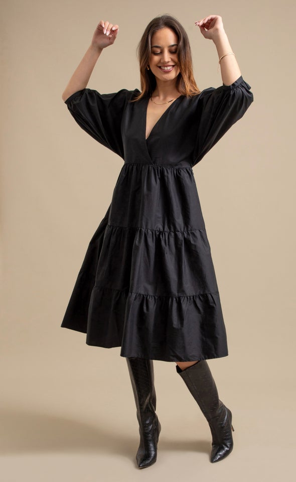 Cttn Poplin Crossover Midi Dress Black