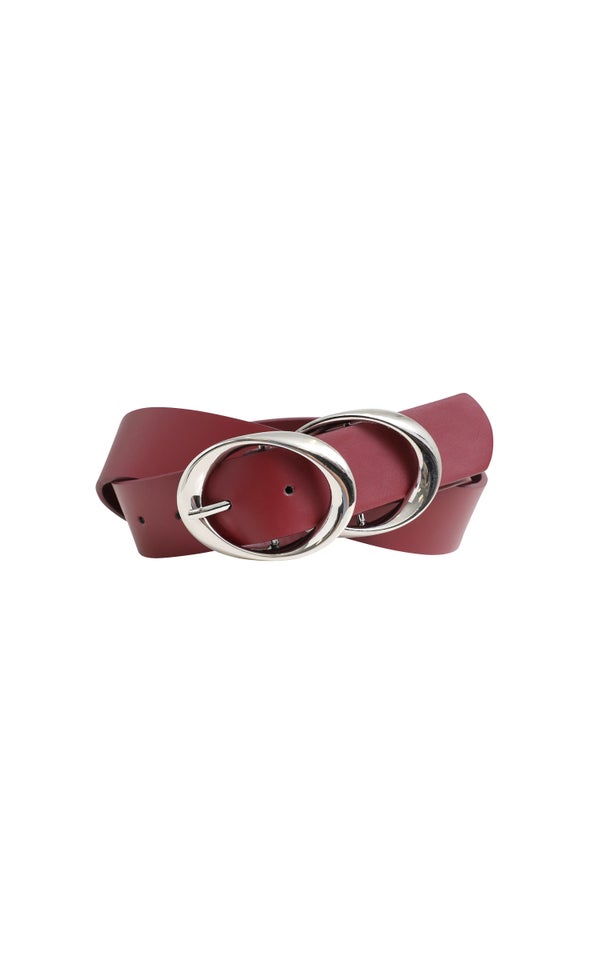 Curved Double Buckle Belt Silver/maroon