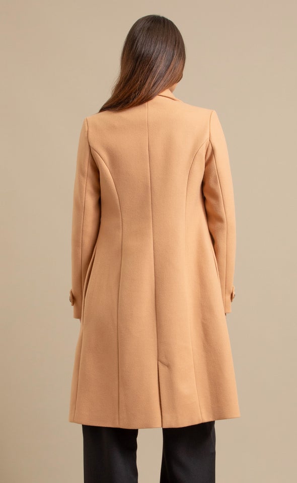 Double Button Detail Flare Coat Camel